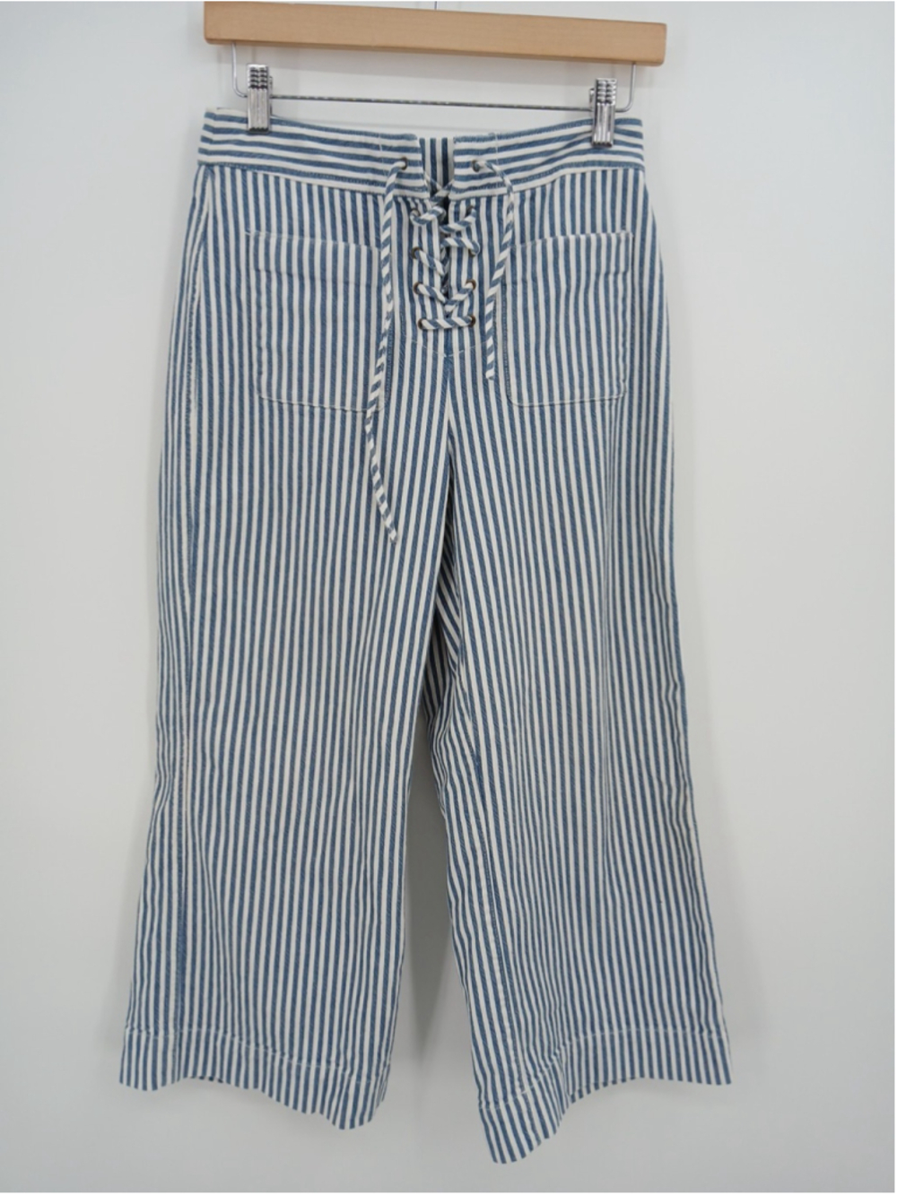 Madewell Blue White Lace-up Wide Leg Cropped Pants Poppy Stripe Size 4 Nautical